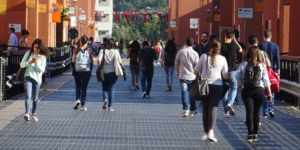 Studenti sul ponte con sfondo di bandiere